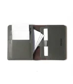 Gray leather men's wallet with multiple card slots and a sleek, minimalist design.