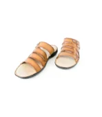 Men’s brown leather slide sandals with adjustable straps and non-slip sole for casual wear