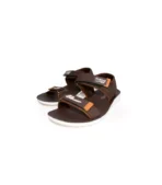 Men's brown PU sandals by Shoeland Kitto featuring a flat heel and durable rubber outsole