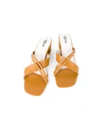 Women's tan strappy block heel sandals with crisscross straps and padded insole for comfort