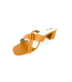 Women's tan strappy block heel sandals with crisscross straps and padded insole for comfort